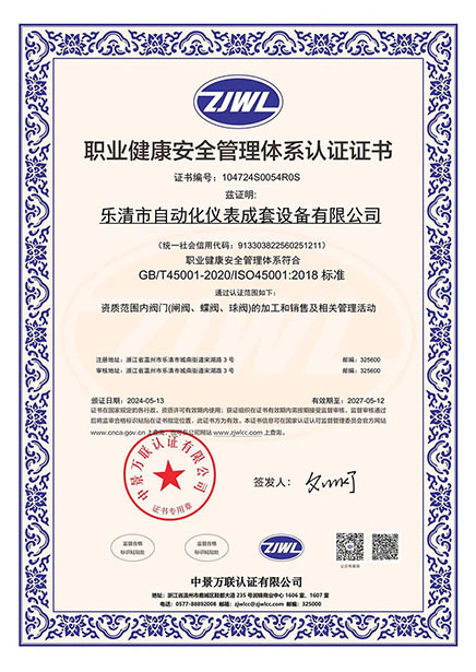 職業(yè)健康安全管理體系認證證書